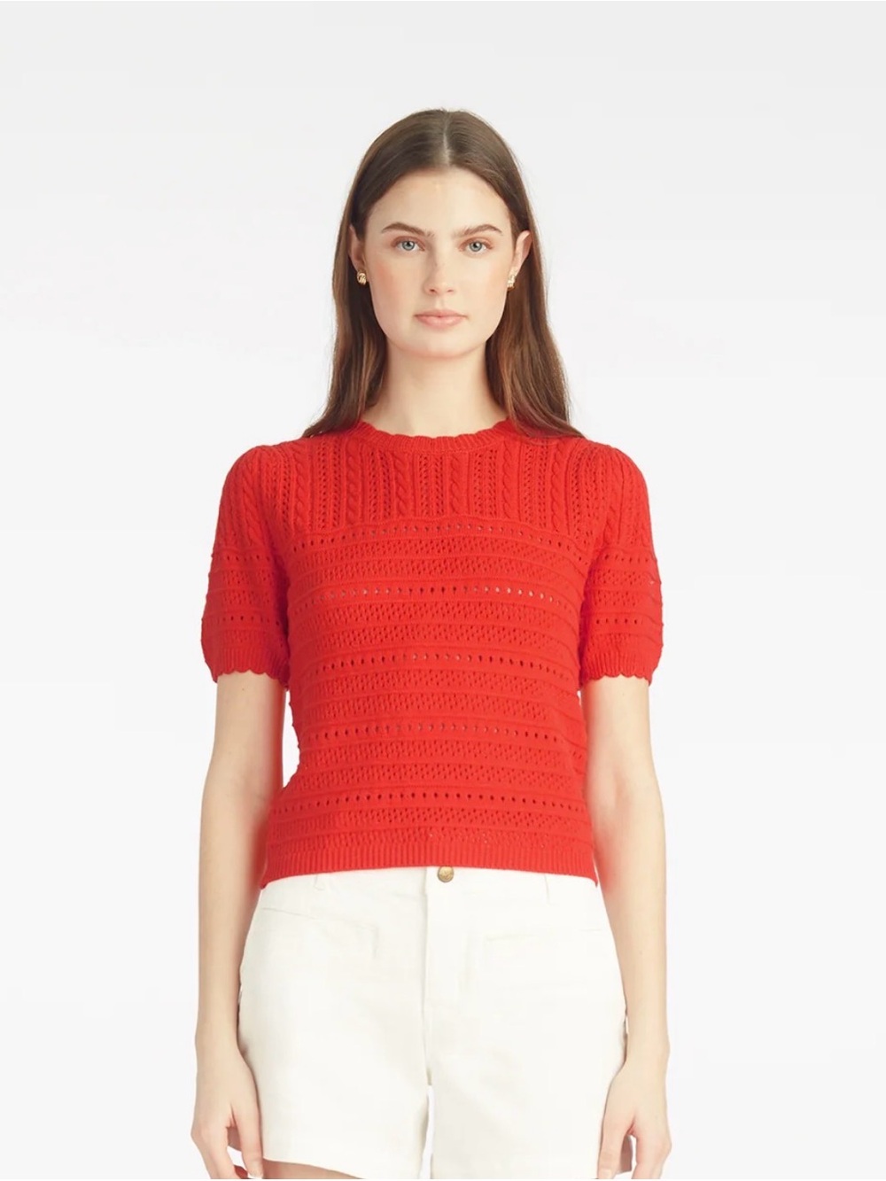 Draper James Red Pointelle Short Sleeve Knit Sweater